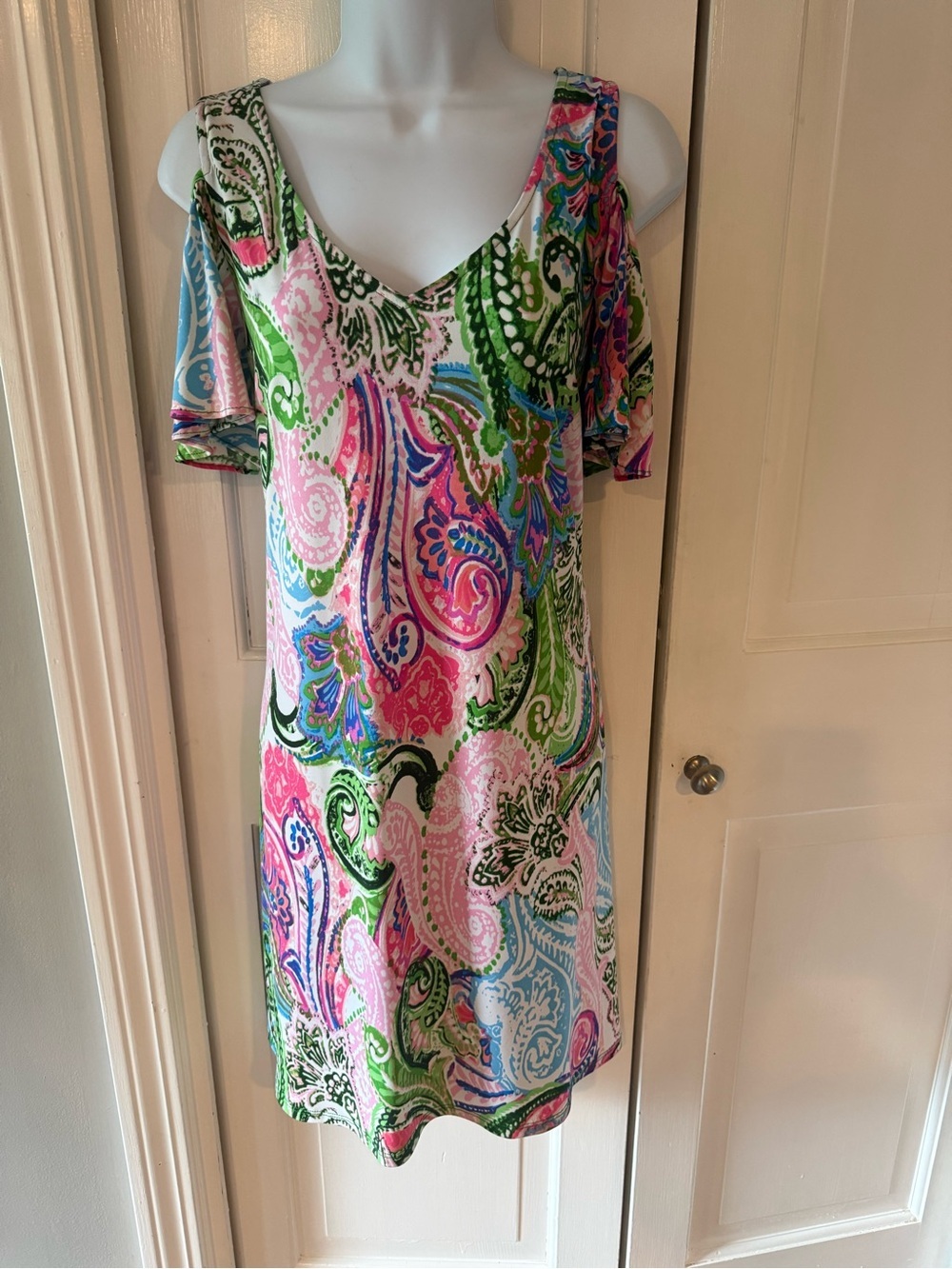 Cold-Shoulder V-Neck Mini Dress in Pink & Green Paisley